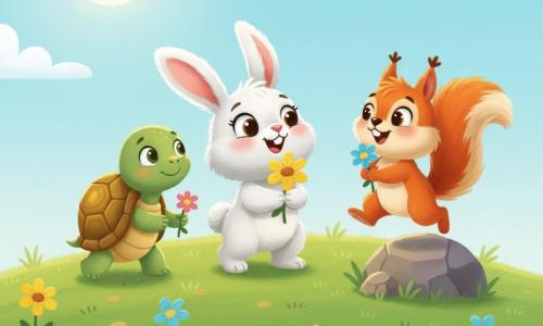 A small white rabbit with long soft ears, bright round eyes and a warm smile holds a yellow flower; a green turtle with a brown-golden shell and calm eyes walks slowly behind holding a small pink flower to the rabbit’s left; a fluffy red squirrel with a bushy tail chatters while holding a blue flower on a low rock to the rabbit’s right; they laugh together on a gently rolling grassy hill carpeted with yellow, pink and blue flowers under a pale blue sky with a few white clouds and a soft sun, in a bright, colorful, simple, rounded, childlike, benevolent scene.