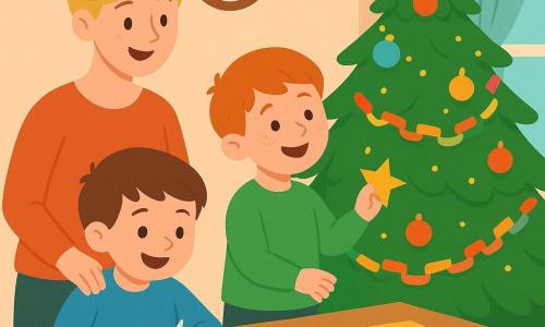 Ein 4-jähriger Junge, Max, mit braunen Haaren und funkelnden Augen, ist fröhlich und konzentriert. Er sitzt an einem großen Holztisch, umgeben von buntem Papier und Scheren, und schneidet Wörter für eine Girlande aus. Seine Mutter, eine Frau in den Dreißigern mit blonden Haaren, die zu einem Dutt gebunden sind, steht lächelnd und aufmerksam neben ihm und schaut Max liebevoll an. Ihr Freund Leo, ein 4-jähriger Junge mit roten Haaren und Sommersprossen, steht neben dem Weihnachtsbaum und hält einen kleinen goldenen Papierstern. Die Szene spielt sich in einem gemütlichen Wohnzimmer ab, das für Weihnachten dekoriert ist, mit einem großen Baum, der mit funkelnden Lichtern und buntem Schmuck geschmückt ist. Die Hauptsituation zeigt Max und Leo, die zusammen die Wortgirlande an den Baum hängen und eine Atmosphäre von Freude und Zusammengehörigkeit schaffen.