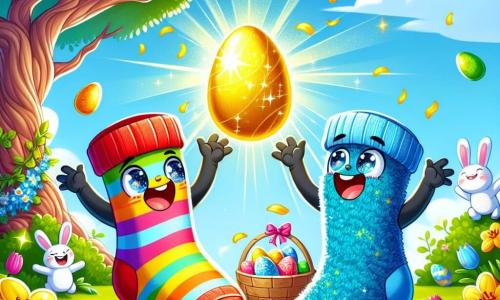 Ilustración de un calcetín colorido, alegre y rayado, con ojos brillantes de emoción. Está saltando de alegría, sosteniendo un huevo dorado brillante en sus pequeñas manos, con una gran sonrisa en su rostro. A su lado, otro calcetín de color azul y de lana, que muestra una expresión de asombro y felicidad, se mantiene ligeramente atrás, con los brazos levantados en señal de aliento, mirando a su amigo con admiración. El decorado es un jardín soleado, lleno de flores coloridas, tulipanes y pequeños arbustos en forma de calcetines. Al fondo, se ve un gran árbol majestuoso con un tronco nudoso y hojas verdes que bailan al viento. La escena principal muestra a los dos calcetines descubriendo el precioso huevo dorado, rodeados de un ambiente festivo y alegre, listo para la celebración de Pascua. Elementos gráficos adicionales incluyen confeti dorado flotando en el aire, pequeños conejitos de Pascua curiosos observando la escena y huevos coloridos escondidos en la hierba, añadiendo un toque de magia a la ilustración.