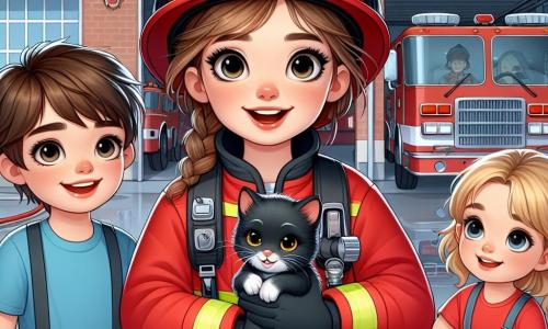Im Vordergrund steht Anna, eine mutige Feuerwehrfrau, die mit einem breiten Lächeln und funkelnden Augen voller Entschlossenheit dargestellt ist. Sie trägt eine leuchtend rote Feuerwehruniform, einen glänzenden Helm und schwarze Handschuhe. In ihrer Hand hält sie einen Feuerwehrschlauch, bereit zum Eingreifen, während ein kleines schwarzes Kätzchen sich an ihr Bein kuschelt und Sanftheit und Mitgefühl ausdrückt. Neben ihr steht Tim, ein etwa 8-jähriger Junge mit zerzausten braunen Haaren und einem blauen T-Shirt, der Anna bewundernd ansieht. Er hält einen kleinen Eimer Wasser, bereit zu helfen. Etwas weiter entfernt entfaltet Lisa, ein 7-jähriges Mädchen mit Zöpfen, einen Schlauch, ihr Gesicht strahlt vor Aufregung und Stolz. Die Szene spielt vor einer großen Feuerwehrstation, mit roten Fahrzeugen im Hintergrund, Rettungswerkzeugen an den Wänden und wehenden Flaggen. Der Himmel ist blau und sonnig, was der gesamten Atmosphäre Freude verleiht. Die Hauptsituation zeigt Anna und die Kinder in vollem Einsatz, bereit, ein kleines Feuer in einem Behälter zu löschen, was ihren Mut und Teamgeist symbolisiert und die Bedeutung von gegenseitiger Hilfe und Solidarität hervorhebt.
