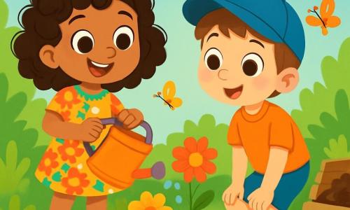 A 6-year-old girl named Lila, with bright eyes and curly hair, joyfully smiles while holding a colorful watering can. She wears a bright floral dress and sandals. Next to her is her friend Max, a 6-year-old boy with brown hair and a blue cap, who looks in wonder at the blooming flowers around them. They are in a sunny garden filled with colorful flowers, fluttering butterflies, and a small pile of compost nearby. The scene depicts Lila and Max spreading compost on blooming flowers, with expressions of pride and happiness on their faces, surrounded by a joyful and natural atmosphere.