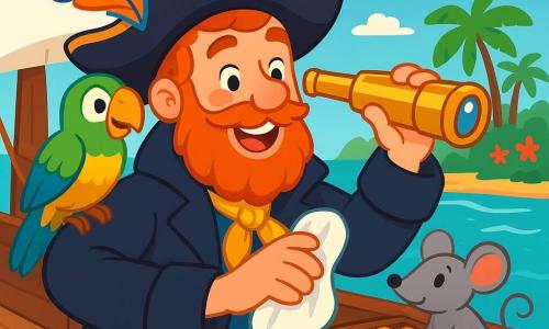 Il Capitano Pepe è un uomo dai capelli rossi e dalla barba folta. Indossa un grande cappello da pirata decorato con una piuma colorata e un mantello blu scuro. Il suo viso esprime gioia ed eccitazione mentre tiene un vecchio cannocchiale brillante, pronto per esplorare. Accanto a lui, Piumino, un pappagallo con piume verdi e gialle, è posato sulla sua spalla, guardando con curiosità. Nocciolina, un piccolo topo grigio dagli occhi brillanti, si trova sul ponte, frugando in un baule pieno di tesori. La scena si svolge sul ponte della Sogliola Felice, una bella nave pirata con vele bianche al vento e onde turchesi che si infrangono dolcemente contro lo scafo. Sullo sfondo si intravede un'isola verdeggiante, piena di palme e fiori colorati, sotto un cielo blu punteggiato di nuvole bianche. Il momento principale della storia mostra il Capitano Pepe mentre pulisce il cannocchiale con un panno magico, mentre i suoi amici lo osservano impazienti, pronti a scoprire le meraviglie nascoste oltre l'orizzonte.