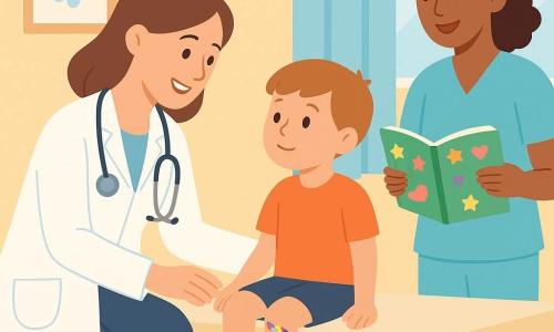 Dr. Maya, a smiling and caring female doctor, wears a white coat and a stethoscope around her neck. She is crouched down to the level of a little boy, Ravi, aged 5, who holds a paper airplane with a curious expression and a colorful bandage on his knee. Next to them, a nurse, Asha, an adult woman, holds a book of shiny stickers, ready to offer one to Ravi. They are in a small, bright clinic with pastel walls and blue curtains letting in the morning light. The main situation shows Dr. Maya gently talking to Ravi, explaining how she will treat his knee, while Asha smiles and encourages the boy with the stickers.