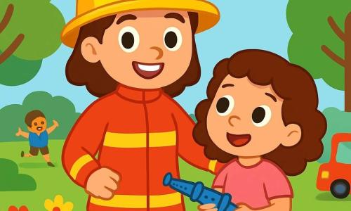 Una mujer bombera sonriente, con un uniforme rojo brillante y un casco amarillo brillante, se encuentra en el centro del parque. Tiene ojos chispeantes de alegría y una amplia sonrisa que muestra su entusiasmo. A su lado, una niña de 7 años, Paula, con cabello castaño y rizado, la mira con admiración. Lleva una camiseta rosa y un short azul, sosteniendo una pequeña manguera de plástico. El parque está lleno de vegetación, con árboles frondosos, flores coloridas y niños jugando en la hierba. Al fondo, un pequeño camión de bomberos rojo está estacionado, añadiendo un toque divertido a la escena. La bombera y Paula están preparando juegos para enseñar a los niños cómo estar seguros y divertirse aprendiendo.
