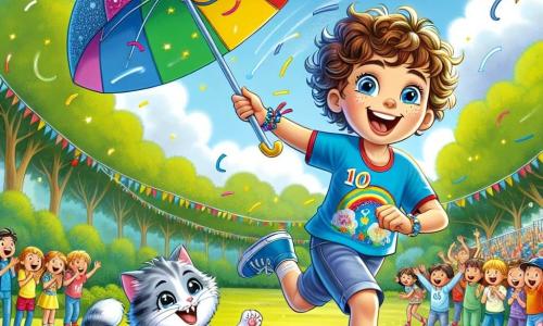 Un ragazzo di 10 anni di nome Leo, con i capelli ricci e un grande sorriso, è al centro dell'immagine, che corre entusiasta sotto un cielo blu punteggiato di nuvole bianche. Indossa una maglietta colorata e dei pantaloni corti, e tiene un ombrello multicolore che vola in aria, ridendo di gioia. Accanto a lui, il suo gatto Puffo, un piccolo felino con pelo grigio e occhi scintillanti, salta felicemente verso l'ombrello, aggiungendo un tocco comico alla scena. Sullo sfondo, diversi bambini della sua età, tra cui una ragazza dai lunghi capelli biondi che applaude sorridendo, osservano la scena con meraviglia, alcuni ridendo e altri scattando foto. Il luogo è un parco verdeggiante, pieno di alberi maestosi, fiori colorati e risate di bambini, con un grande cartello che annuncia il 
