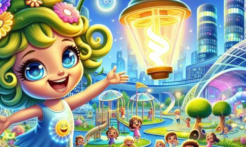 Lila, een kleine, stralende lampion met grote glanzende ogen en een stralende glimlach, zweeft vrolijk boven een futuristisch park en verlicht de gezichten van de kinderen die eronder spelen. Ze is omringd door kleurrijke bloemen en interactieve spellen, en haar uitdrukking is vol enthousiasme en nieuwsgierigheid. Mia, een klein meisje met krullend haar en grote brillen, staat naast een slimme boom die de lucht filtert, met een verwonderde blik op haar gezicht. Ze houdt een kartonnen bord vast met de tekst "Zonnestad Club" en glimlacht trots. Het park is gevuld met futuristische gebouwen in organische vormen, met daken bedekt met groen en glinsterende zonnepanelen onder de zon. Kinderen lachen en spelen rond een grote spiraalglijbaan, terwijl kleurrijke vogels in een stralende blauwe lucht vliegen. De belangrijkste situatie toont Lila en de kinderen die hun succes vieren in hun missie om Zonnestad groener en vrolijker te maken, omringd door gelach en licht, met een feestelijke en hoopvolle sfeer.