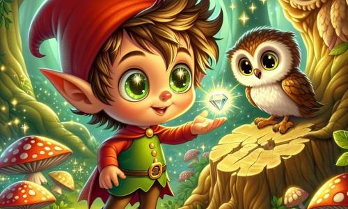 Un piccolo folletto di nome Lillo, con un grande cappello rosso a punta e occhi brillanti di curiosità, si trova al centro della scena, sorridendo con meraviglia. La sua pelle è di un verde vivace e i suoi capelli sono disordinati, come foglie nel vento. Allunga la mano verso una gemma brillante che fluttua sopra un piedistallo di legno, irradiando luce dorata. Accanto a lui, un piccolo gufo di nome Piumino, con piume morbide e marroni, guarda con occhi rotondi e attenti, posato su una pietra. Sembra preoccupato ma determinato, pronto ad aiutare il suo amico. La scena si svolge in una foresta incantata, dove grandi alberi con tronchi nodosi si ergono verso il cielo, le cui foglie scintillano come stelle. Fiori colorati e funghi giganti punteggiano il terreno, creando un paesaggio magico e vivace. Lillo e Piumino stanno scoprendo la Gemma di Luce, che brilla intensamente tra le rovine antiche, circondata da viti e da una luce soffusa. L'aria è piena di magia ed eccitazione, mentre si preparano a salvare la loro amata foresta.