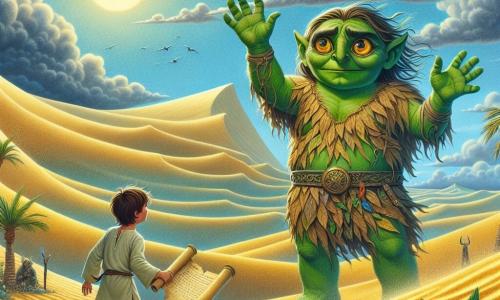 Un ogre majestueux, numit Gorog, stă în vârful unei dune de nisip auriu, cu o piele verde și ochi strălucitori de tristețe. Are părul în dezordine și poartă o tunică din frunze și liane. Gorog își ridică brațele spre cer, cerând ajutor, în timp ce o briză ușoară ridică praful din jurul său. Lângă el, un băiat de zece ani pe nume Luca, cu părul brunet și ochi strălucitori de curiozitate, privește cu admirație la ogre. Poartă o tunică simplă și pantaloni din pânză, ținând în mâini un pergament vechi care arată calea către relicvele magice. Decorul este un vast deșert, cu dune ondulate sub un cer albastru strălucitor, unde câteva nori întunecați încep să se adune la orizont, anunțând o furtună iminentă. Palme izolate și flori colorate apar ici și colo, adăugând o notă de magie peisajului arid. Situația principală îi arată pe Gorog și Luca, uniți în căutarea lor, pregătindu-se să înfrunte furtuna care le amenință lumea, simbolizând prietenia și curajul în fața adversității.