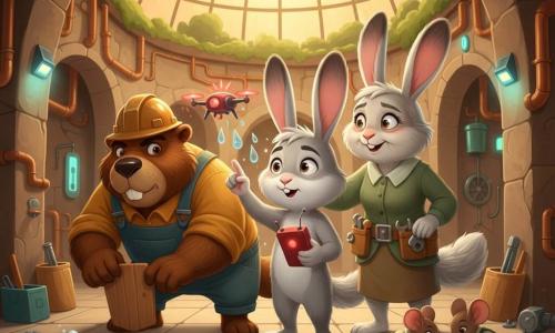 Nilo, ein junger anthropomorpher Hase mit rundem Gesicht, langen Ohren und hellgrauem Fell mit weißen Flecken, staunend und konzentriert, hält ein kleines rotes Leuchtkästchen und zeigt auf eine winzige rot blinkende Drohne über ihm; Tante Mira, eine alte weise Häsin mit silbernem Fell, lachenden Falten und einem Gürtel voller Werkzeuge, steht hinter ihm, die Hand beruhigend auf seiner Schulter; der Biberchef, massig mit glänzend braunem Fell und hellem Bauhelm, klappt einen Holzflicken über eine rissige Wasserleitung links; zwei kleine Arbeiterinnen-Mäuse in grünen Latzhosen sammeln Metallteile neben einer offenen Luke rechts vorn; Schauplatz: ein in Fels gehauener Platz mit beigen Steinplatten, Arkaden, sichtbaren Kupferrohren, begrünten Dächern, integrierten LED-Lichtern und einer großen Glaskuppel, die goldenes Licht spendet; Situation: kooperative Notfallszene wegen eines Wasserlecks, die Drohne blinkt rot, alle organisieren sich um die beschädigte Leitung, Werkzeuge und Wassertropfen, angespannte aber ruhige Atmosphäre, warme Farben mit blauen und grünen Neonakzenten.