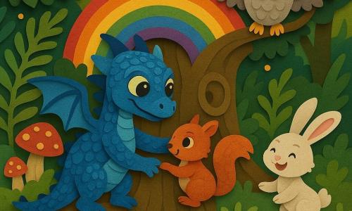 Nira, un mic dragon albastru cu solzi strălucitori, întinde aripa pentru a ajuta o veveriță roșcată speriată dar ușurată, agățată de labă pe trunchiul unui copac; un iepure alb vesel privește scena de pe marginea unui pârâu, o broască verde este pe o piatră în apă, iar o bufniță cenușie, cu ochi înțelepți, stă pe o creangă deasupra; totul se petrece într-o poiană fermecată cu ferigi uriașe, ciuperci colorate, trunchiuri sculptate și un copac străvechi în centru cu un curcubeu, într-un moment cald de solidaritate și aventură.