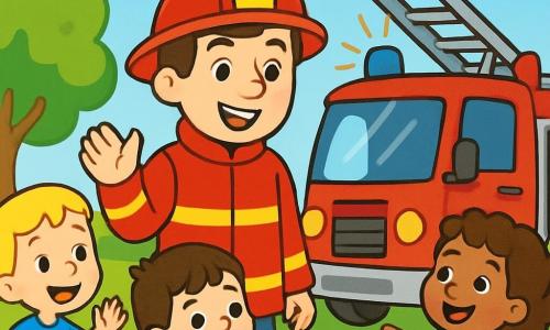Ein Mann, Paul, lächelt begeistert und trägt eine glänzende rote Feuerwehrjacke. Er hat braune Haare und strahlende Augen. Paul steht neben einem großen roten Feuerwehrauto mit blinkenden Lichtern und einer ausgefahrenen Leiter. Neben ihm steht eine Gruppe von drei Kindern, zwei Jungen und einem Mädchen, im Alter von 5 bis 7 Jahren, die fasziniert zuschauen. Der erste Junge mit blonden Haaren trägt ein blaues T-Shirt und winkt. Der zweite Junge mit braunen Haaren hält ein kleines Feuerwehrspielzeug. Das Mädchen mit lockigen Haaren und einem rosa Kleid lächelt und zeigt auf das Feuerwehrauto. Die Szene spielt in einem sonnigen Park mit grünen Bäumen und bunten Blumen. Im Hintergrund schweben weiße Wolken am blauen Himmel. Paul erklärt den Kindern, wie das Feuerwehrauto funktioniert, während sie aufmerksam zuhören, mit leuchtenden Augen vor Aufregung.