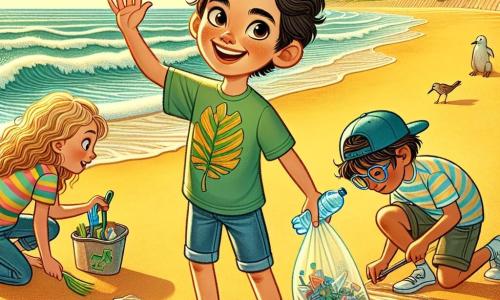 Um menino de 12 anos, chamado Pedro, está no centro do palco, com um grande sorriso no rosto e os olhos brilhando de entusiasmo. Ele tem cabelo castanho bagunçado, usa uma camiseta verde com estampa de folha e um short de denim, segurando um saco de lixo em uma mão enquanto levanta a outra para cumprimentar seus amigos. À sua direita, Luísa, uma menina de 11 anos com cabelo longo e cacheado, usa um boné de beisebol e uma camiseta colorida. Ela está recolhendo lixo na areia, com um olhar determinado. À esquerda, João, um menino de 12 anos com óculos e camiseta listrada, está agachado, examinando uma garrafa plástica que encontrou, parecendo perplexo, mas engajado na missão. A cena acontece em uma praia ensolarada, com areia dourada brilhando sob o sol, ondas suaves quebrando na costa e árvores verdes ao fundo. A situação principal mostra Pedro e seus amigos em ação, recolhendo lixo na praia e discutindo alegremente sobre a importância de proteger o meio ambiente e conscientizar os outros sobre a luta contra a mudança climática.