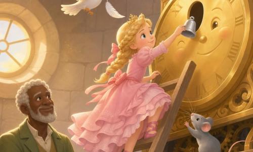 Prinses Linde, ongeveer 7 jaar, rond gezicht en blonde gevlochten haren in een pastelroze rucher jurk, klimt een houten ladder op om een kleine zilveren klokbel terug te zetten in een grote gouden klok; een grijze muis duwt de bel met zijn neus vanaf een hoekje, een witte duif zweeft naast haar en laat een veertje vallen, en een oude tuinman van zo'n 60 jaar houdt stevig de ladder vast en glimlacht terwijl warme geelachtige lichtstralen door een ronde dakluik de heldhaftige, tedere samenwerking verlichten.