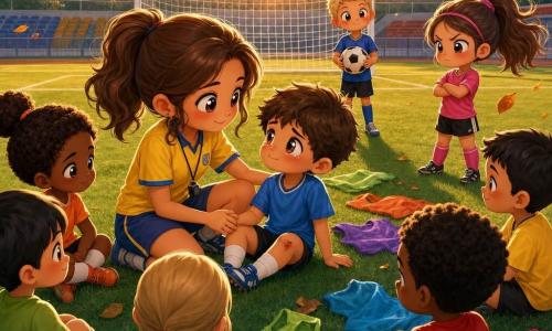 Donna allenatrice protagonista: donna sorridente e serena, capelli castani raccolti in coda, occhi grandi, tenuta da calcio gialla e blu, inginocchiata che tiene la mano di un bambino e fa un gesto di respirazione; Bambino 8 anni (Tommaso): volto arrossato e lacrimoso, ginocchio scalfito, seduto accanto all’allenatrice con un piccolo sorriso rassicurato; Bambino 10 anni: tiratore del rigore, concentrato e sicuro, capelli corti biondi, in piedi dietro il punto di rigore con il pallone; Ragazza avversaria 9 anni: arrabbiata che si ammorbidisce, mani inizialmente incrociate poi respira, osserva da lontano; Luogo: campo di calcio in erba verde con linee bianche, pali con rete, qualche foglia al vento, spalti piccoli e cielo al tramonto rosa-arancio; Situazione: l’allenatrice calma i bambini dopo un’azione, momento di respiro condiviso, bambini seduti in cerchio, pettorine colorate sparse, atmosfera calda e benevola, illuminazione morbida, espressioni in stile chibi kawaii.