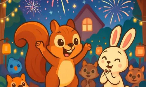 A little squirrel named Squeaky, with brown fur and sparkling eyes full of joy, stands on a wooden stage, raising his paws in the air with a big smile, ready to announce the New Year countdown. Beside him, Bella, an adorable rabbit with long white ears and gentle eyes, claps enthusiastically, her face shining with encouragement and pride. The setting is a charming village square, surrounded by trees lit with twinkling lights, with animals of all kinds gathered, their faces illuminated by colorful lanterns and bright fireworks in the night sky. The scene is filled with a festive atmosphere, as the animals prepare to celebrate together, eager to experience the magic of the New Year.