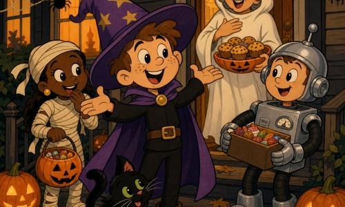 Max, a 10-year-old boy with a round freckled face, confident smile and sparkling eyes, wears an oversized purple wizard hat and cape, standing on the doorstep with arms raised telling a Halloween joke; behind him Olivia, about 10, in slightly torn mummy wrappings holds a candy bucket and giggles to his left, Jake, about 10, dressed as a robot with a shiny silver helmet holds a candy box to his right, Mia the small playful black cat with bright green eyes rubs against Max's legs, and Mrs. Willow, an adult woman laughing under a comical ghost sheet with gray hair visible, stands in the lit back door offering a plate of pumpkin muffins; scene on a dark-painted wooden porch with pumpkin lanterns on the steps, fake cobweb garlands, warm lights inside and scattered golden leaves — a warm, festive Halloween moment with friends encouraging Max.