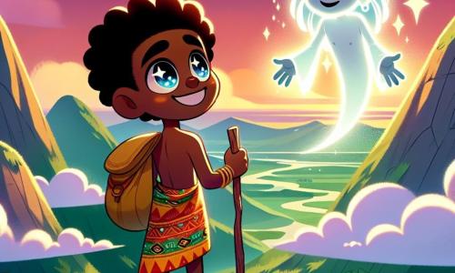 In the center of the image, Kofi, a young and muscular man, stands on a mountain peak, his face lit up with a smile of determination and wonder. He has earth-toned skin, curly hair, and eyes that shine like stars. He wears a colorful cloth adorned with African patterns and holds a wooden walking stick, symbolizing his journey. Beside him, the Elder Spirit, a luminous and ethereal figure, floats slightly above the ground, radiating a soft and soothing light, with indistinct features yet filled with wisdom. It appears to listen attentively, arms open as if welcoming Kofi with kindness. The majestic setting features a mountain summit surrounded by light clouds, with a sunset sky painted in warm hues of pink, orange, and purple. Below, lush valleys and sparkling rivers reflect Kofi's journey. The main scene shows Kofi listening intently to the Elder Spirit's words, conveying ancient knowledge and valuable advice, symbolizing the transfer of wisdom and the importance of sharing stories and lessons learned along the way.