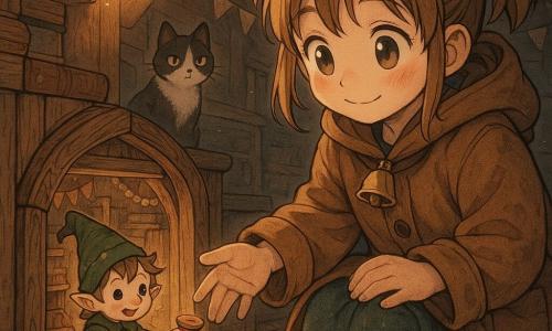 Mira, a 10-year-old girl, smiles softly with wide bright eyes and rosy cheeks, hair in messy pigtails, wearing an oversized coat with a bell at the collar; she crouches and reaches toward a tiny wooden door. The Mischievous Elf, toy-sized childlike being in a green patchwork outfit and pointed hat, mischievous face and sparkling eyes, sits on a spool in a tiny room behind the door and offers a spool of red ribbon to Mira. Pepper the cat, black with white patches, watches from a stair step with curious half-closed eyes. The scene is in a warm lantern-lit attic with visible wooden boards, stacked books, paper garlands, scattered miniature objects (thimble cup, matchbox bed, velvet fabrics) and dust motes in the light. Visual style: soft manga, clean lines, warm colors, pronounced wood and fabric textures, tender exaggerated expressions.