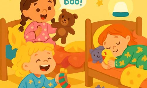 There are 3 characters: Tilly: a 5-year-old girl with brown braided hair, wearing a pink polka dot pajamas. She is sitting on her bed, holding a smiling teddy bear. Bella: a 4-year-old girl with curly blonde hair, wearing a blue pajamas with stars. She is crouched near her bed, laughing while holding a colorful sock. Rosie: a 5-year-old girl with red hair, wearing green pajamas with ducks. She is lying on her bed, surrounded by stuffed animals, cuddling a plastic duck. The setting is a warm children's room with pastel yellow walls, shining stars stuck to the ceiling, and toys scattered on the floor. Colorful cushions are arranged on the beds, and a soft night light illuminates the room. The main scene shows the three girls laughing and playing together, Tilly saying "Boo!" with her teddy bear, Bella bursting into laughter because of her hidden sock, and Rosie cuddling her plastic duck, all in a joyful and playful atmosphere.