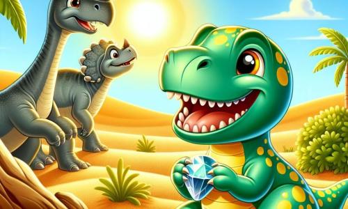Ein junger Tyrannosaurus Rex namens Tino mit glänzend grüner Haut und gelben Flecken schaut mit funkelnden Augen voller Aufregung. Er sitzt im warmen Wüstensand und hält einen hübschen, glänzenden Stein in seinen kleinen Vorderpfoten, mit einem Lächeln auf den Lippen. In der Nähe beobachtet ein freundlicher Triceratops namens Trico mit grauer Haut und drei Hörnern auf dem Kopf neugierig Tino, während er hinter einem großen Felsen steht. Im Hintergrund beugt sich ein majestätischer Brachiosaurus mit brauner Haut, um Blätter von einem üppigen grünen Baum zu fressen. Die Szenerie ist eine weite Fläche aus goldenen Dünen unter einem strahlend blauen Himmel, gesprenkelt mit einigen flauschigen weißen Wolken. Die Szene zeigt Tino, fröhlich und entschlossen, auf der Suche nach dem Weg nach Hause, umgeben von seinen Dinosaurierfreunden in einem abenteuerlichen Entdeckungsreise.