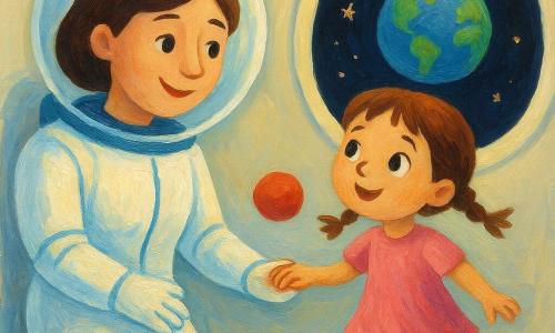 Un'astronauta sorridente e rassicurante in tuta spaziale bianca lucida con cuciture blu, capelli castani corti sotto un casco trasparente, tiene la mano della figlia e la guarda con tenerezza; la bambina di circa 4 anni, capelli castani in due piccole trecce, occhi grandi e meravigliati, indossa un abitino rosa e fluttua tenendo una palla rossa. L'interno della navicella è luminoso e arrotondato con pareti bianche lisce e un grande oblò che mostra la Terra blu e stelle su sfondo nero. Madre e figlia fluttuano fianco a fianco, mani unite, palla rossa sospesa tra loro, luce morbida, colori caldi, tratti arrotondati e texture spesse simili a pittura acrilica, palette pastello e contrasti netti per attirare i più piccoli.
