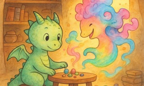 Zefiro, piccolo drago domestico dal muso rotondo e occhi dolci, squame verde pallido lucide, timido ma curioso, seduto su uno sgabello accanto a una mensola di legno mentre sistema con cura piccole pietre colorate; Flumina, creatura aerea come un arcobaleno liquido con criniera di vapore rosa e azzurro, sorride maliziosa e soffia una nuvola colorata che fa volare una pietra vicino a Zefiro; entrambi al centro della caverna-cozza di Zefiro con pareti di roccia morbida, finestre arrotondate che filtrano luce dorata e scaffali ordinati con libri e scatole; poche pietre rotolano e scie di vapore colorato tracciano motivi luminosi intorno a sculture improvvisate; atmosfera calda e accogliente, contrasto tra l'ordine meticoloso di Zefiro e le forme fluide e colorate di Flumina, scena di tolleranza con i due che collaborano a una piccola scultura su un tavolino; stile inchiostro colorato, tratti netti, texture morbide, palette pastello vivace con accenti dorati.