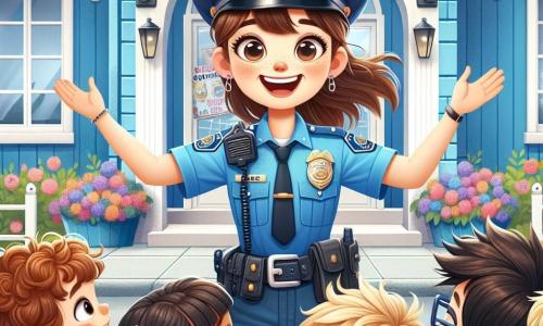 Uma policial sorridente, Clara, na casa dos trinta anos, com cabelos castanhos presos em um rabo de cavalo, veste um uniforme azul vibrante e um chapéu de policial. Ela está em pé diante da porta da delegacia, com os braços abertos, recebendo as crianças com entusiasmo. Seus olhos brilham de alegria e orgulho. Ao seu redor, um grupo de cinco crianças, com idades entre 7 e 9 anos, se aproxima com curiosidade. Uma menina de cabelos cacheados, vestindo um vestido rosa, levanta a mão para fazer uma pergunta. Ao lado dela, um menino de óculos redondos e camisa xadrez olha para Clara com admiração. Outra criança, um menino de cabelos loiros bagunçados, segura um pequeno caderno, pronto para anotar. A cena acontece diante de uma bela delegacia de polícia, com paredes pintadas de azul e bandeiras flutuando. Flores coloridas estão plantadas ao redor da entrada, adicionando um toque de alegria ao ambiente. Clara explica entusiasticamente sua profissão para as crianças, mostrando objetos de polícia como uma lanterna e um apito, enquanto elas a escutam atentamente, com os olhos arregalados de admiração.