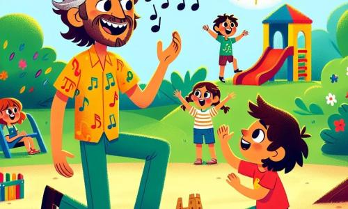 O personagem principal é um homem, o Sr. Carlos, um cantor de sorriso caloroso. Ele tem cabelos castanhos levemente ondulados e usa uma camisa colorida com padrões musicais. Ele está de pé no centro, com os braços abertos, cantando com paixão, uma expressão de alegria iluminando seu rosto. Ao seu lado, Miguel, um garoto de 7 anos, tem cabelos negros bagunçados e usa uma camiseta vermelha. Ele pula de alegria, com os braços levantados, cantando entusiasticamente. Ana, uma menina de 6 anos com longos cabelos loiros trançados, está sentada no chão, construindo um castelo de areia, mas olha para o Sr. Carlos com admiração, um grande sorriso em seu rosto. A cena acontece em um parque ensolarado, cercado por árvores verdes e flores coloridas. Um grande escorregador e balanços são visíveis ao fundo, enquanto crianças brincam alegremente ao redor. A situação principal mostra o Sr. Carlos recuperando sua voz através da música e do entusiasmo das crianças, criando uma atmosfera de felicidade e camaradagem, onde a alegria de cantar ressoa no ar.