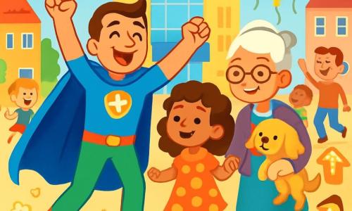 A man in a blue cape, named Captain Calm, stands in the center of the scene with a big joyful smile and determined eyes. He wears shiny sneakers and a colorful t-shirt, his arms raised in celebration. Next to him is a 7-year-old girl with curly hair in a polka-dot dress, holding the hand of a smiling grandmother with round glasses and a neat bun. The grandmother, around 70 years old, holds a small golden dog named Noodle, who looks curious. The scene takes place in a sunny plaza surrounded by colorful buildings and a sparkling mall, with floating balloons and cheerful people. Popcorn flakes fall from the sky, creating a festive atmosphere. The main situation shows Captain Calm leading a joyful crowd in a fun dance, with children and adults following the glowing arrows he created, all laughing and having fun together in a spirit of camaraderie and happiness.