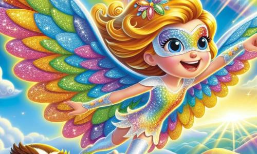 Glimlachia, een superheldin met glinsterende vleugels in alle kleuren van de regenboog, vliegt vrolijk door de lucht. Haar gezicht straalt van geluk en vastberadenheid, met een grote glimlach die haar sprankelende ogen verlicht. Ze draagt een glanzend kostuum, versierd met bloemmotieven, dat het zonlicht weerkaatst. Naast haar zweeft Osbert, een wijze uil met bruine veren en grote ronde ogen. Hij kijkt bewonderend naar Glimlachia, met zijn vleugels uitgespreid, klaar om haar te helpen in hun avontuur. De scène speelt zich af op de majestueuze Regenboogbergen, waar kleurrijke bergen oprijzen onder een stralende blauwe lucht. Grote witte wolken drijven rond, en een prachtige gouden lichtstraal filtert erdoorheen, wat een magische sfeer creëert. Glimlachia en Osbert ontdekken een klein verdrietig wolkje, verloren tussen de bergen. Glimlachia nadert vriendelijk, klaar om het wolkje te troosten en te helpen zijn vrienden terug te vinden.