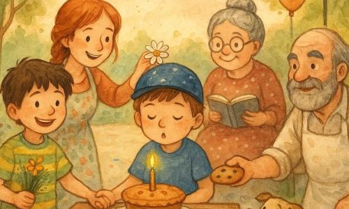 Hay seis personajes: Mateo, niño de 6 años, cabello castaño claro en corte redondo, gorra azul noche con pequeñas estrellas blancas, en el centro sobre una pequeña tarima de madera con los ojos cerrados soplando la vela de un pequeño pastel de manzana; Nico, niño de 6 años, cabello negro alborotado, camisa a rayas amarilla y verde, a la izquierda de Mateo sujetándole la mano y sosteniendo un ramo de flores silvestres; Don Pepe, hombre de unos 50 años, panadero de barba entrecanosa y delantal blanco manchado de harina, en primer plano a la derecha ofreciendo un pan con trocitos de chocolate; Lila, la florista de unos 30 años, cabello pelirrojo trenzado y delantal floreado, al fondo a la izquierda colocando una margarita en la gorra de Mateo; la señorita Rosa, mujer de unos 60 años con gafas redondas y cabello gris en moño, vestido de lunares, sentada en un banco detrás del escenario con un gran libro abierto sonriendo; un perrito del barrio, pelaje beige con manchas y lengua afuera, delante del escenario a la derecha levantando la pata hacia un trozo de pastel sobre una servilleta. Lugar: parque del pueblo en una plaza empedrada con guirnaldas de papel de colores entre farolas de hierro forjado, árboles de hojas verde tierno y algunas flores violetas a sus pies, mesa de madera decorada con confeti y un tapete de encaje, cielo acuarelado rosa-almbar de atardecer. Situación: pequeña fiesta de cumpleaños cálida y vecinal con vecinos cantando, un pastel con una vela, niños riendo, guirnaldas y globos flotando, atmósfera luminosa y tierna con texturas acuareladas y salpicaduras controladas de pintura que aportan movimiento alegre.