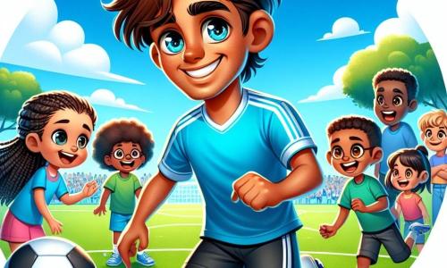 Un hombre, Martín, está en el centro de la imagen, sonriendo con ojos brillantes de alegría. Lleva una camiseta de fútbol azul brillante, pantalones cortos negros y zapatillas deportivas blancas. Su rostro está bronceado y tiene el cabello castaño desordenado, lo que refleja su energía. Dribla un balón de fútbol con agilidad, rodeado de niños admirativos. Entre los niños, un niño de 8 años, con cabello rubio y rizado, mira a Martín con ojos muy abiertos, sosteniendo un pequeño balón en sus manos. Una niña de 7 años, con trenzas negras y una sonrisa radiante, intenta copiar los movimientos de Martín, con los brazos levantados con entusiasmo. La escena se desarrolla en un campo de fútbol verde, bajo un cielo azul brillante, con algunas nubes blancas flotando. Árboles bordean el campo, y un grupo de espectadores, padres, se encuentra al fondo, sonriendo y aplaudiendo. La situación principal muestra a Martín compartiendo su pasión por el fútbol con los niños, enseñándoles trucos mientras juegan juntos, creando una atmósfera de alegría y aprendizaje.
