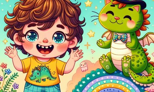 Un niño de 2 años, Lucas, con cabello castaño desordenado y ojos llenos de curiosidad, está haciendo muecas y riendo, con sus mejillas redondas y rosadas iluminadas por una gran sonrisa. Lleva una camiseta amarilla con un diseño de dinosaurio y pantalones cortos azules. A su lado, un gato vestido con un sombrero de copa y una corbata colorida, que parece tener unos 5 años en edad humana, está sentado sobre una pila de bloques de colores. El gato sonríe y aplaude a Lucas, con sus ojos verdes brillando de travesura. Al fondo, un dragón dormido, con escamas verdes y alas extendidas, está acostado sobre una nube esponjosa en un cielo azul pastel, rodeado de pequeñas estrellas brillantes. Flores coloridas y hongos divertidos crecen a su alrededor, añadiendo un toque de magia al entorno. La escena muestra a Lucas haciendo muecas para despertar al dragón, mientras el gato lo anima con una gran sonrisa. La atmósfera es alegre y lúdica, llena de colores vivos y un ambiente fantástico.