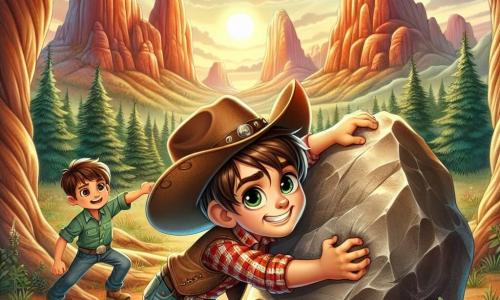 Un giovane cowboy, Jack, un ragazzo di circa 12 anni, si trova al centro dell'immagine, con un ampio sorriso sul viso. Indossa un grande cappello da cowboy, una camicia a quadri rossi e blu, e stivali di pelle usurati. Sta spingendo una enorme roccia con tutte le sue forze, i muscoli tesi e gli occhi brillanti di eccitazione e determinazione. Accanto a lui, il suo migliore amico Tom, un ragazzo di 11 anni, con capelli castani e occhi scintillanti, lo incoraggia con uno sguardo ammirato. Tom indossa una camicia verde e un bandana rosso attorno al collo, e si tiene leggermente in disparte, pronto ad aiutare. Lo sfondo è quello della valle degli spiriti, con montagne maestose, alberi secolari e una luce dorata del sole al tramonto che illumina la scena. La situazione principale mostra Jack e Tom che cercano di spostare una grande roccia per rivelare un tesoro nascosto, simboleggiando il loro coraggio e la loro amicizia in questa avventura emozionante.