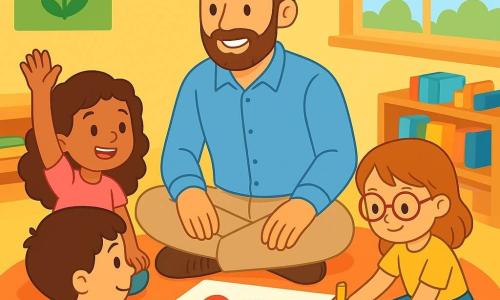 Un maestro de unos 35 años, con cabello castaño y barba bien cuidada, sonríe cálidamente. Lleva una camisa azul y pantalones beige, sentado en el suelo sobre una alfombra suave, rodeado de sus alumnos. Lucía, una niña de 6 años con cabello rizado y un vestido rosa, levanta la mano con entusiasmo, mientras que Carlos, un niño de 6 años con cabello corto y camiseta verde, observa atentamente al maestro. Martina, una niña de 6 años con gafas y una falda de flores, dibuja un corazón en una gran hoja de papel. La escena tiene lugar en un aula luminosa, con paredes decoradas con dibujos coloridos, libros apilados en estanterías y una gran ventana que deja entrar la luz del sol. Los niños y su maestro escriben juntos una carta de agradecimiento, llena de palabras alegres y dibujos coloridos, creando una atmósfera de camaradería y felicidad.