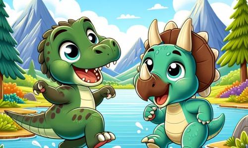 Um velociraptor chamado Léo, com penas verdes e olhos curiosos, salta alegremente perto de um lago cintilante, seu sorriso largo mostrando sua empolgação. Ao lado dele, um tricerátops chamado Tico, com pele marrom e majestosas chifres, espirra água enquanto ri, seus olhos brilhando de felicidade. O lago é cercado por montanhas majestosas e grandes árvores com folhas coloridas, criando uma paisagem encantadora sob um céu azul claro. Léo e Tico se divertem juntos, brincando na água, ilustrando a amizade e a alegria de descobrir um lugar especial.