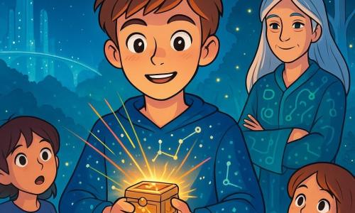 A young boy, Elias, about 12 years old with light brown hair and curious sparkling eyes, stands at the center of the image. His face shows joyful determination, with a slight smile and cheeks flushed with excitement. He wears a lightweight tunic adorned with shimmering constellation patterns and holds a small glowing box emitting colorful light bursts. Beside him is an elderly woman, Chief Astra, around 50 years old, with silver hair and wise eyes, watching Elias with an encouraging gaze. She is dressed in a flowing robe sprinkled with technological symbols, standing slightly back with her arms crossed, ready to support him. The setting is a fantastical landscape where the shimmering Skybridge connects two worlds: one side features sparkling glass towers under a starry sky, while the other showcases a forest of tall silver trees illuminated by fireflies. The ground is dotted with luminescent flowers and shining crystals, creating a magical atmosphere. The main scene shows Elias, focused, singing a melody to activate the Skybridge mechanism, while bursts of light dance around him, symbolizing the restoring energy. Curious and amazed children from Lumen and Verdara gather around him, their faces lit by hope and wonder.
