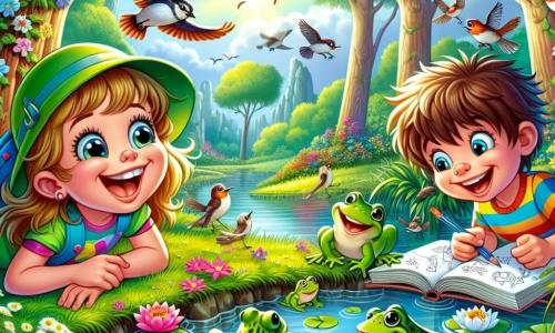 A 6-year-old girl with big bright eyes and a radiant smile wears a green hat and a colorful t-shirt. She crouches by a small pond, watching frogs happily jumping on lily pads. Next to her, a 6-year-old boy named Tom, with messy brown hair and a striped shirt, holds a notebook and draws the animals he sees. In the background, majestic tall trees with vibrant green leaves surround the area, while birds sing in the branches. The scene exudes a joyful and curious atmosphere, with colorful flowers growing around the pond, as the two children marvel at the beauty of nature.