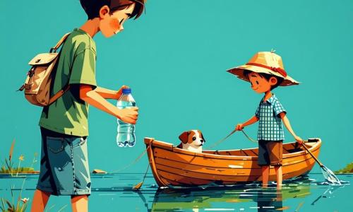 Quatro personagens: Miguel, menino de 8 anos, cabelo castanho curto, camiseta verde e bermuda jeans, segura um saco de lona claro e apanha uma garrafa de plástico junto à água; Tomás, menino de 8 anos, cabelo loiro despenteado, boné de palha, camisa xadrez e short, empurra um pequeno barco de madeira na beira do lago; avô, cerca de 70 anos, cabelo e bigode brancos, suéter bege e luvas de jardinagem verdes, segura um par de luvas e um saco aberto, em pé atrás dos meninos, sorrindo e orientando-os; vizinha, menina de 8 anos, cabelo preto em trança, vestido amarelo com flores, recolhe papéis e os coloca num saco, colocada à frente à direita, olhando para os meninos. Local: pequeno lago campestre com margem herbosa, água calma refletindo o céu azul, nenúfares, juncos, algumas pedras na margem, árvore frutífera à esquerda fazendo sombra suave, casa de madeira ao fundo, cerca de madeira e flores silvestres. Situação: limpeza amistosa à beira do lago — crianças e avô recolhendo lixo, sacos cheios, gestos colaborativos e expressões alegres, luz de fim de tarde com cores quentes, composição clara em blocos de cor.