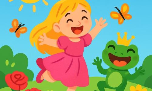 Een blije prinses van ongeveer 8 jaar met lange glanzende blonde haren en een sprankelende roze jurk springt van blijdschap in een bloeiende tuin. Haar gezicht straalt met een grote glimlach en haar ogen fonkelen van geluk. Naast haar staat een klein jongetje, een kikkerkoning van 5 jaar, met glanzende groene huid en een gouden kroon op zijn hoofd, die grimasjes trekt terwijl hij lacht. De tuin is gevuld met kleurrijke bloemen, zoals rode rozen, gele zonnebloemen en delicate viooltjes, onder een stralende blauwe lucht. Multikleurige vlinders fladderen om hen heen, wat de magie van het moment versterkt. De prinses en de kikkerkoning hebben samen plezier, springen van blijdschap en lachen, terwijl de kroon van de kikkerkoning in de zon schittert. Het is een moment van puur geluk in een betoverd koninkrijk.