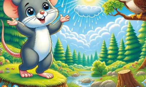 Remi, die kleine Maus, ist ein niedlicher Nager mit grauem Fell und großen, neugierigen Augen. Er steht auf einem hohen Plateau, hebt seine Vorderpfoten gen Himmel mit einem fröhlichen Lächeln und ruft die Wolken um Hilfe. Neben ihm sitzt Hugo, die weise Eule mit braunen Federn und runden Augen, auf einem Ast, schaut Remi wohlwollend an und lächelt leicht, bereit ihn zu ermutigen. Die Kulisse ist eine wunderschöne Waldlandschaft mit majestätischen Bäumen, leuchtend grünen Blättern, bunten Blumen, die im Wind tanzen, und einem blauen Himmel mit flauschigen Wolken. In der Ferne glitzert ein kleiner Bach in der Sonnenlicht, fast ausgetrocknet, während sich durstige Blumen neigen. In dieser Szene ruft Remi die Wolken, damit sie regnen und den Bach füllen, um Leben und Freude in den Wald zu bringen.
