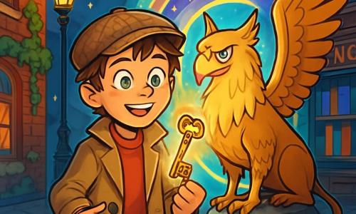 A 12-year-old boy, Arthur, stands at the center of the scene, his eyes shining with curiosity and excitement. He wears a worn trench coat and a tweed cap, his slightly tousled brown hair. In his hand, he holds a brass key adorned with shimmering runes, his face illuminated by the magical light emanating from the key. Beside him stands a majestic griffin with golden feathers and piercing eyes on a rock, its wings spread, ready to take flight. It looks at Arthur with a wise and protective expression. The setting is an ancient district of Eldridge, with cobblestone streets sparkling under the lamplight, ivy-covered brick buildings, and an antique bookstore in the background, its windows adorned with colorful book covers. The atmosphere is filled with magic, with sparks of light floating in the air. The main scene shows Arthur discovering the magical key, surrounded by the griffin's mystical aura, as they prepare to enter a shimmering portal opening behind them, revealing a fairy-tale world beyond.