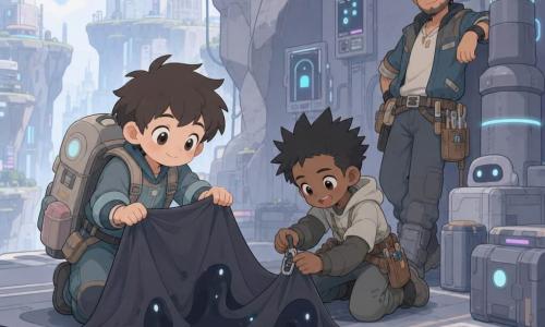 A 12-year-old boy with a round face and large bright eyes, smiling with a determined, curious look, wears an oversized backpack and holds a dark fabric spread like a tent; another roughly 12-year-old boy (Lio) with spiky hair and an enthusiastic expression stands slightly behind and to the right helping clip the fabric; an adult man (Orin, ~35) with stubble and engineer's clothes with a tool belt leans on a pipe at the back of the maintenance bay, relieved. The setting is a maintenance bay in a futuristic cliff-city: smooth stone walls inlaid with silver cables, flickering gray screens, marked crates, pipes and cold LED light. The main action shows the boy pitching the dark veil as a small tent to contain a fluid shadow on the floor while the screens slowly regain light. Color palette: pastel tones for the characters, metallic gray-blue for the bay, matte near-black veil, soft neon accents. Simple, readable composition with rounded shapes, crisp outlines, and a comforting yet mysterious atmosphere.