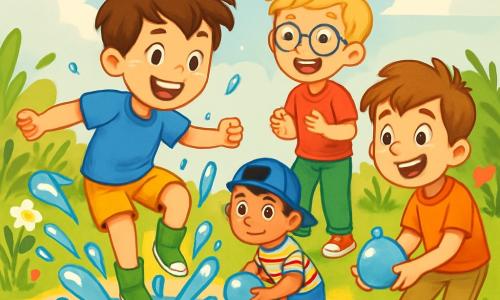 There are 4 children: - Tommy: a 10-year-old boy with messy brown hair and sparkling eyes. He wears a blue t-shirt and yellow shorts, jumping in a large puddle and splashing water around him. - Jake: a 10-year-old boy with blonde hair and glasses. He wears a red t-shirt and green pants, standing at the edge of the puddle, laughing and ready to jump. - Sam: a 10-year-old boy with black hair and a blue cap. He wears a striped t-shirt and denim shorts, crouching down with a water balloon, ready to throw it. - Leo: a 10-year-old boy with brown hair and freckles. He wears an orange t-shirt and beige pants, picking up another water balloon and smiling widely. The scene takes place in a lush garden with tall grass and colorful flowers surrounding a sparkling puddle. The sky is cloudy but lets through some rays of sunshine, illuminating the splashes of water and creating a joyful atmosphere. The main situation shows the children having fun together, jumping in the puddle and splashing water, laughing as droplets sparkle around them like diamonds.