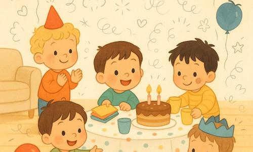Quatro meninos de 2 anos: Tom, loiro e encaracolado, sorridente com um chapéu de papel vermelho; Léo, moreno de cabelo liso, estendido para colocar guardanapos; Nino, cabelos pretos despenteados com mancha de chocolate na bochecha, ajeitando copos plásticos amarelos; Gui, castanho-claro com uma pequena coroa azul, sentado no chão brincando com um trem de madeira ao lado de um balão vermelho. Cena numa sala clara e acolhedora com paredes creme, bandeirolas coloridas, chão de madeira e um grande tapete/mesa baixa com toalha de bolinhas; festa de aniversário tranquila em torno de um bolo com duas velas acesas, decoração simples, ambiente colorido e seguro.