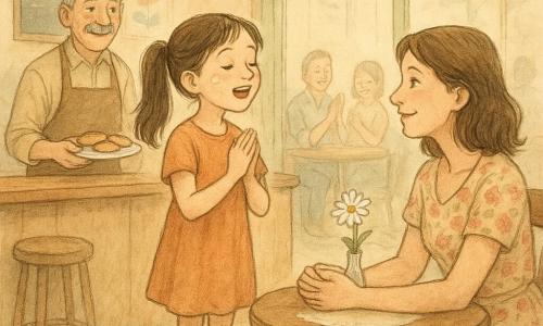 A joyful, focused 10-year-old girl with a brown ponytail, flour-dusted cheeks and bright eyes stands on a small improvised wooden platform, singing softly with her hands clasped; her emotional, tender mother (about 35–40) with mid-length chestnut hair sits at a table facing her, holding her hand, wearing a floral dress with a vase holding a daisy nearby; an older café owner (about 60–70) with a gray mustache and brown apron stands behind the counter at left, smiling and bringing cookies on a plate; the small neighborhood café has cream walls, large windows with soft light, worn wooden tables, paper doilies, warm-colored posters and a tiny stage by the window; the scene is an intimate, luminous moment as the girl sings to her mother, patrons smile and applaud softly, with a warm atmosphere, a soft palette of ochre, pale pink and sage green and light watercolor textures.