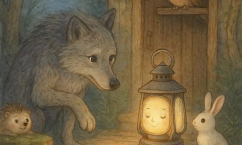 A personagem principal é Lumina, uma pequena lanterna antiga de metal escovado e vidro craquelado que emite um brilho amarelo quente e tranquilizador, com rosto delicadamente pintado, sobre o limiar de uma casinha de madeira; perto dela, o Grande Lobo Mau surge como um grande lobo cinzento de pelagem texturizada, olhos brilhantes e úmidos, expressão envergonhada e curiosa, levemente agachado e hesitante; um coelhinho branco de orelhas em pé está aconchegado à direita do limiar, maravilhado; um corujão ruivo empoleirado numa viga acima da porta observa atento; um ouriço redondo e espinhoso, tímido mas sorridente, esconde‑se atrás de um toco à esquerda; o cenário é um alpendre de madeira gasto e musgoso com vasos de flores secas e cogumelos rosados na base, rodeado por uma floresta densa de troncos retorcidos e samambaias, sob um céu noturno aquarelado em índigo e uma lua pálida que filtra raios prateados; a cena principal é um instante íntimo e luminoso em que a lanterna fala suavemente ao lobo hesitante, a luz quente ilumina os rostos e a sombra da floresta enquadra a cena, criando uma atmosfera doce, serena e esperançosa.