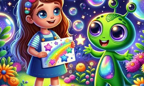 Uma menina de 6 anos, Ana, com longos cabelos castanhos e olhos brilhantes de curiosidade, está de pé em um jardim de bolhas de ar. Ela sorri com admiração, segurando um desenho colorido de estrelas em suas mãos. Ao lado dela, um extraterrestre verde chamado Zipo, com três grandes olhos redondos e uma pele cintilante, ri alegremente. O jardim está cheio de plantas luminosas e bolhas flutuantes, criando uma atmosfera mágica e futurista. Ana e Zipo estão cercados por flores de cores vivas, e estrelas brilhantes piscam em um céu escuro ao fundo. Eles estão trocando presentes, Ana entregando seu desenho a Zipo, enquanto Zipo lhe mostra uma pedra brilhante que flutua no ar.