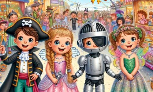 Auf einer lebhaften Karnevals-Bühne stehen vier Kinder zusammen, strahlend vor Freude. Max, ein 8-jähriger Junge mit zerzausten braunen Haaren, trägt ein Piratenkostüm mit einem großen schwarzen Hut und einem Holzschwert. Rechts von ihm steht Mia, ein 7-jähriges Mädchen mit geflochtenen blonden Haaren, in einem glitzernden rosa Prinzessinnenkleid. Links steht Ben, ein 8-jähriger Junge, der als silberner Roboter verkleidet ist, mit blinkenden Lichtern auf seinem Kostüm und er macht Robotergeräusche. Schließlich ist Lisa, ein 6-jähriges Mädchen mit lockigem Haar und einem Blumenkranz, als Fee mit glitzernden Flügeln und einem grünen Kleid gekleidet. Die Kulisse ist ein großer Karnevalsbereich, gefüllt mit bunten Ballons, Girlanden und Süßigkeitenständen. Im Hintergrund zieht ein großer Drachen aus Pappmaché vorbei, während lächelnde Zuschauer klatschen und zur fröhlichen Musik tanzen. Die Kinder arbeiten zusammen, um ein großes buntes Herz aus Stoffstücken auf den Boden zu legen. Sie lachen und feuern sich an, was den Teamgeist und die Freundschaft in der festlichen Karnevalsatmosphäre zeigt.