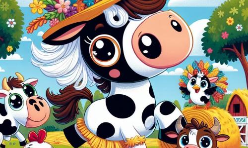 Um cavalo chamado Trovão, com uma crina bagunçada parecendo um pompom gigante, salta alegremente em um campo verdejante, seus olhos brilhando de travessura e alegria. Ao seu lado, uma vaca chamada Lelé, com manchas brancas e pretas, usa um vestido de flores coloridas e dança rindo, enquanto uma galinha chamada Pintadinha, com penas brilhantes e um chapéu de palha decorado com penas, canta em um fardo de feno. Ao fundo, um leitão chamado Chiquinho, todo coberto de lama, escorrega na grama rindo, acrescentando à atmosfera festiva. A cena acontece em uma fazenda ensolarada, cercada por campos de flores e grandes árvores, sob um céu azul com nuvens brancas fofas. Trovão e seus amigos estão prontos para participar de um desfile de moda animal, cada um exibindo orgulhosamente seus trajes coloridos e divertidos em um ambiente alegre e lúdico.